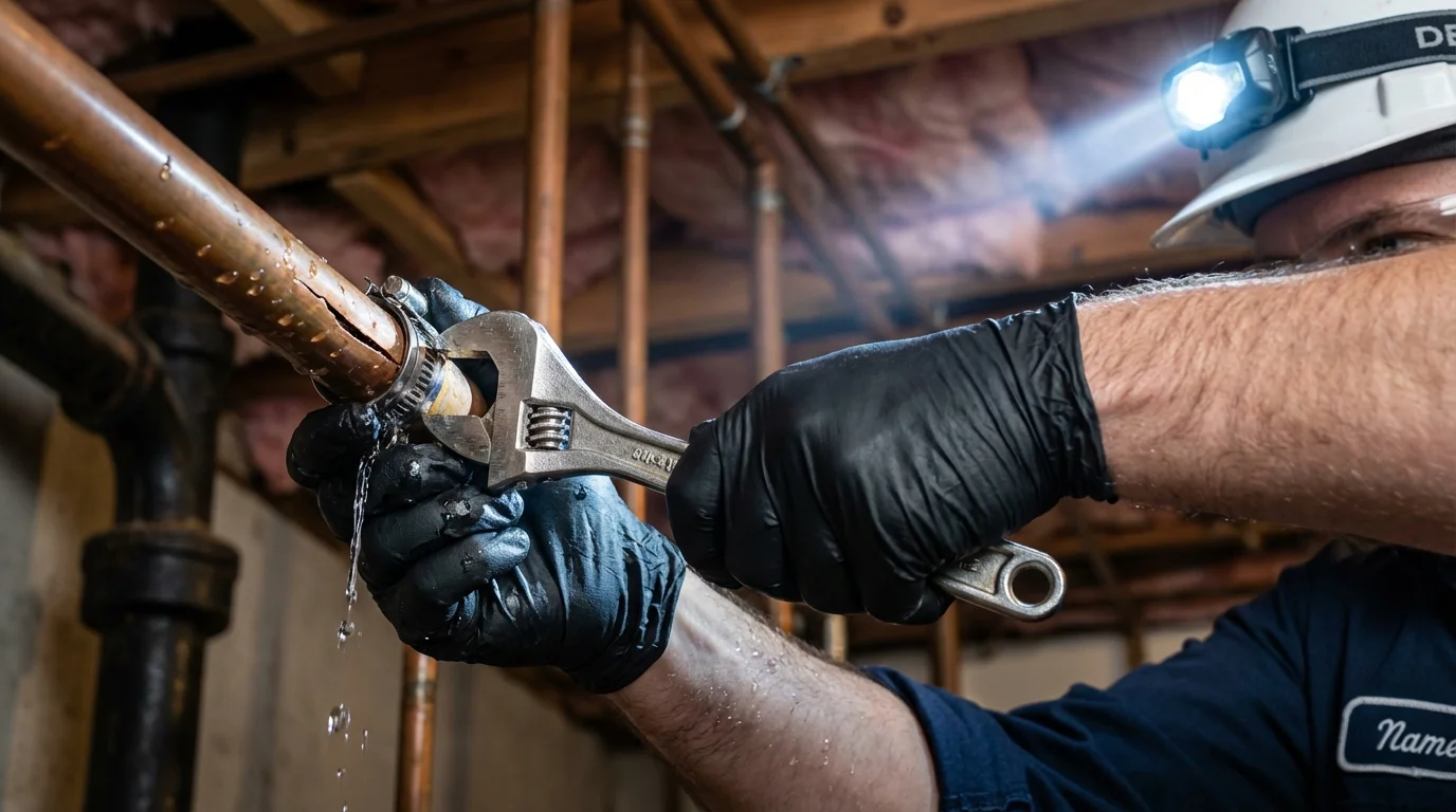 Emergency pipe clamp repair being performed by a Johns Plumbing LLC plumber in Auburn