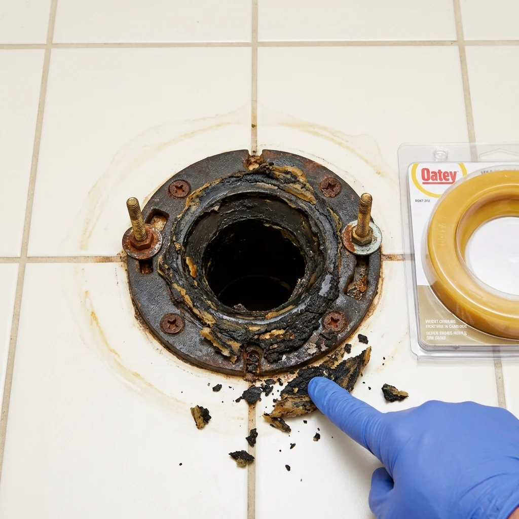 Failed wax ring showing water seepage at the base of a toilet in a Auburn, MA home