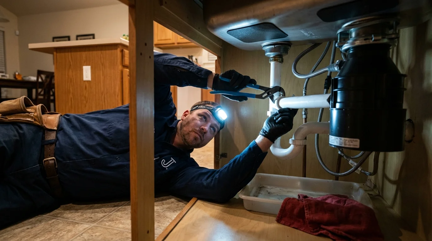 P-trap and supply line connections under a kitchen sink showing a common leak point in Auburn, MA